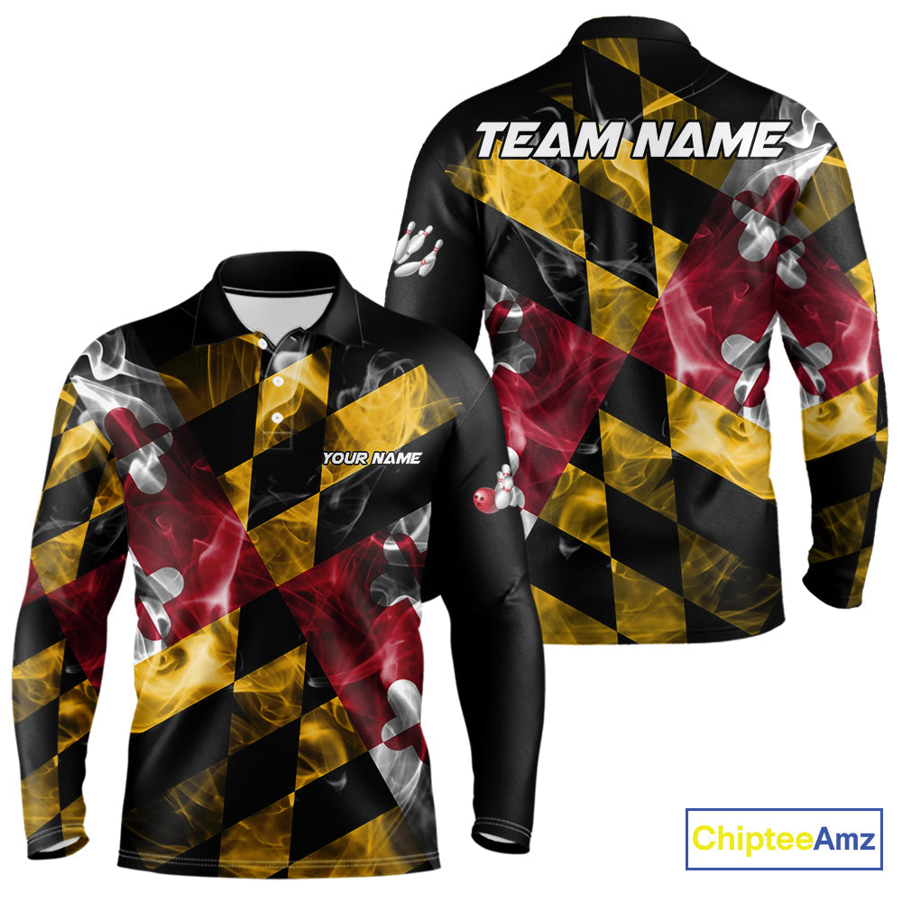 Smoke Maryland Flag Black Bowling Polo, 1/4 Zip shirt Custom patriotic Team bowling jersey