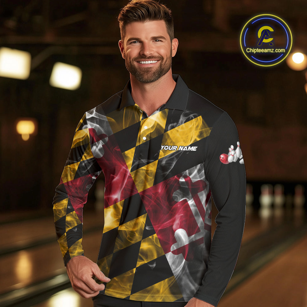 Smoke Maryland Flag Black Bowling Polo, 1/4 Zip shirt Custom patriotic Team bowling jersey
