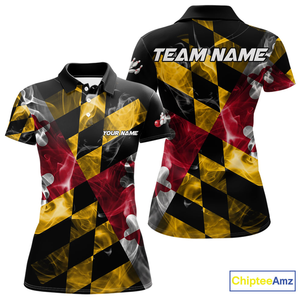 Smoke Maryland Flag Black Bowling Polo, 1/4 Zip shirt Custom patriotic Team bowling jersey