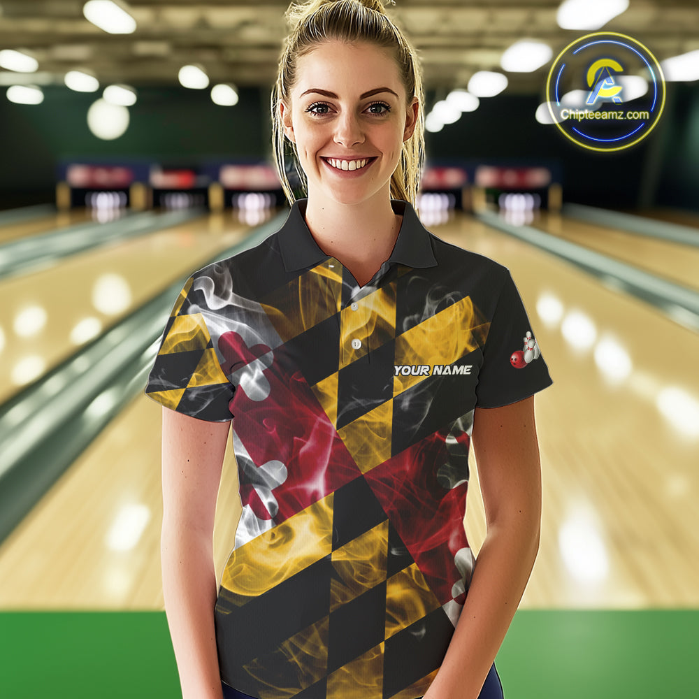 Smoke Maryland Flag Black Bowling Polo, 1/4 Zip shirt Custom patriotic Team bowling jersey