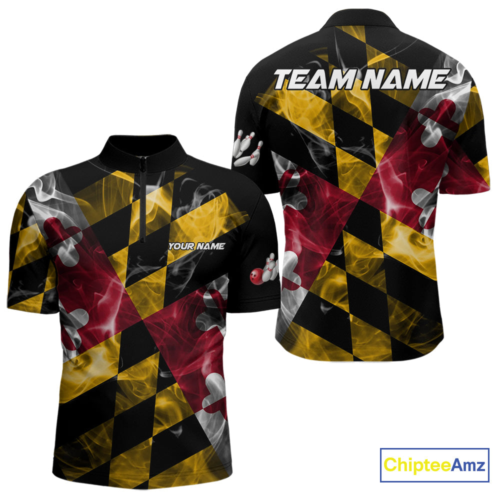 Smoke Maryland Flag Black Bowling Polo, 1/4 Zip shirt Custom patriotic Team bowling jersey