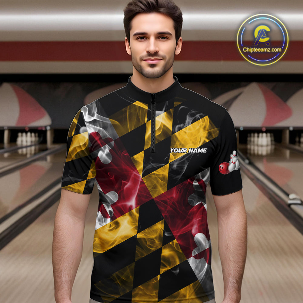Smoke Maryland Flag Black Bowling Polo, 1/4 Zip shirt Custom patriotic Team bowling jersey