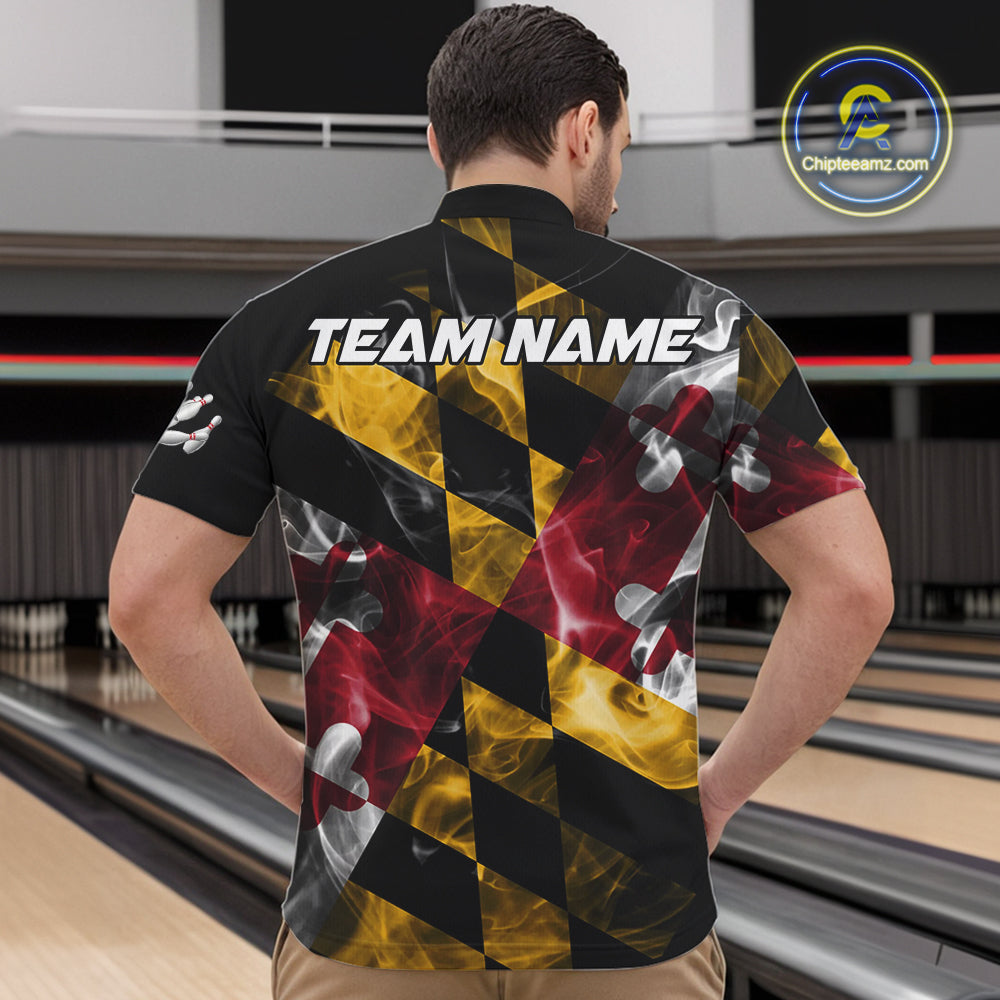 Smoke Maryland Flag Black Bowling Polo, 1/4 Zip shirt Custom patriotic Team bowling jersey