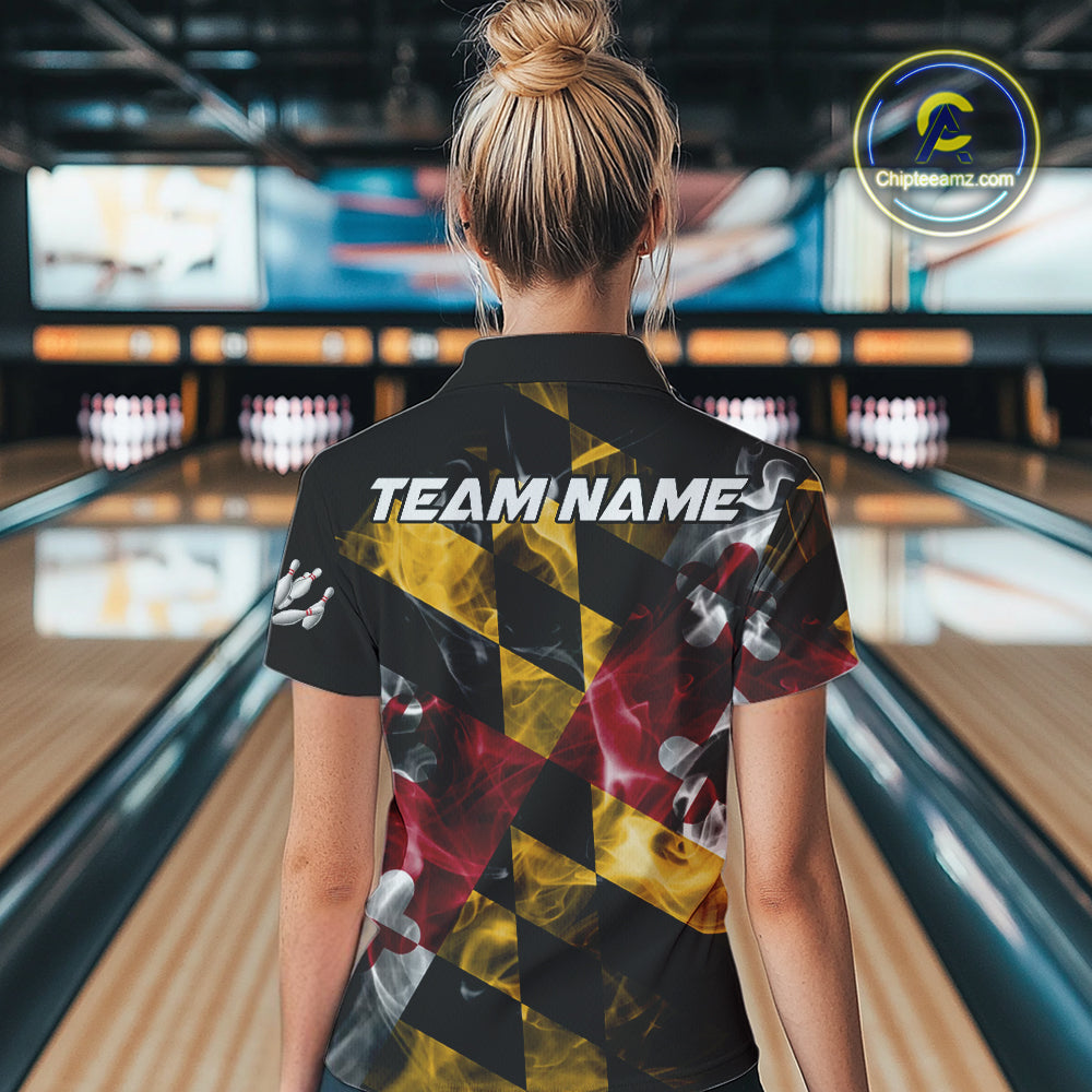 Smoke Maryland Flag Black Bowling Polo, 1/4 Zip shirt Custom patriotic Team bowling jersey