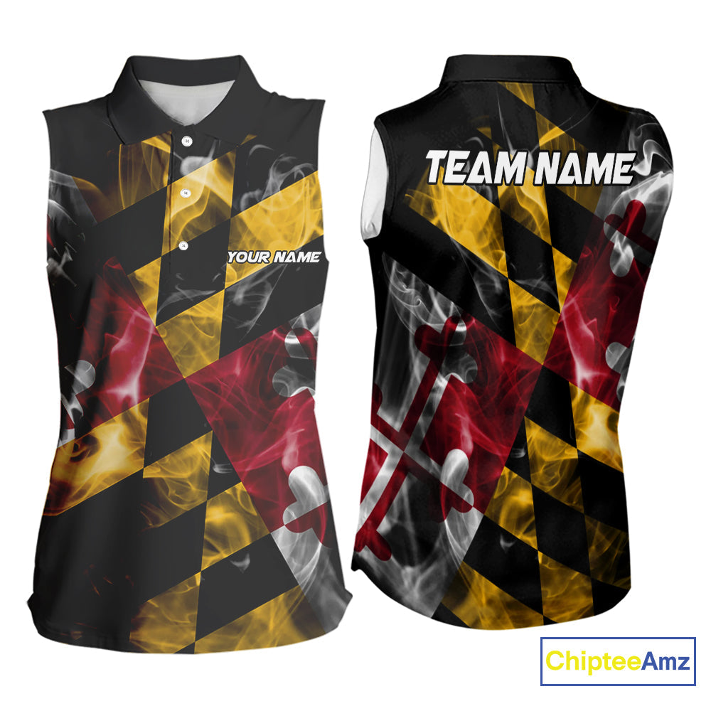 Smoke Maryland Flag Black Bowling Sleeveless Polo shirt Custom patriotic Team bowling jersey