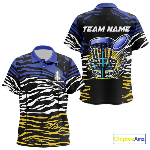 Blue, Yellow and White Tiger Skin Pattern Disc golf polo shirt Custom team disc golf jerseys