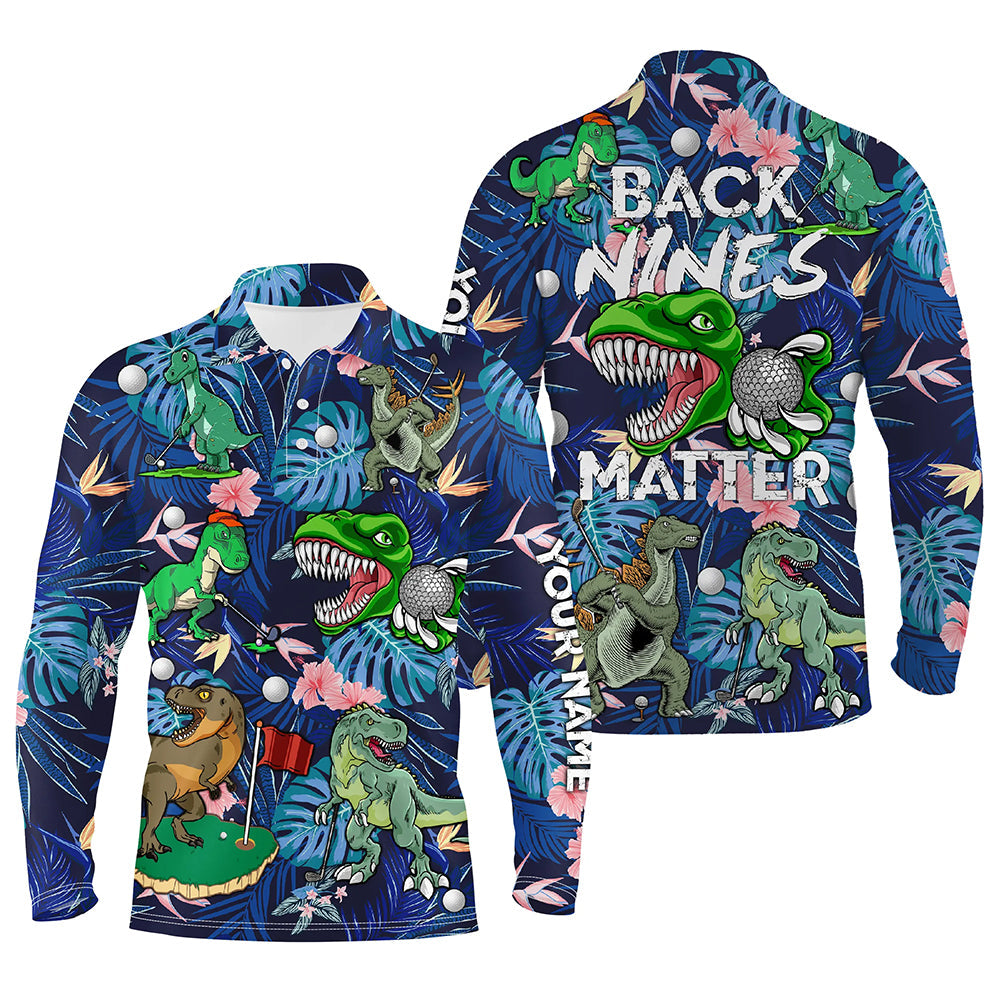 Funny golf polo shirt custom blue tropical flower Dinosaur golf shirts back nines matter