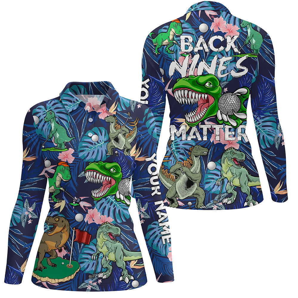 Funny golf polo shirt custom blue tropical flower Dinosaur pattern golf shirts back nines matter