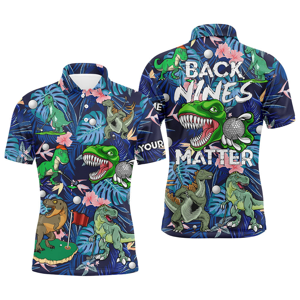 Funny golf polo shirt custom blue tropical flower Dinosaur golf shirts back nines matter