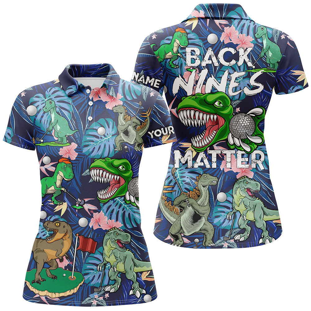 Funny golf polo shirt custom blue tropical flower Dinosaur pattern golf shirts back nines matter