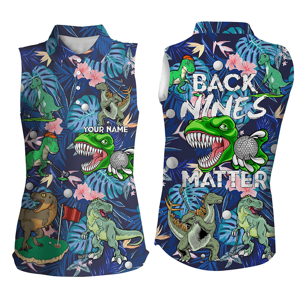 Funny sleeveless polo shirt custom blue tropical flower Dinosaur golf shirts back nines matter