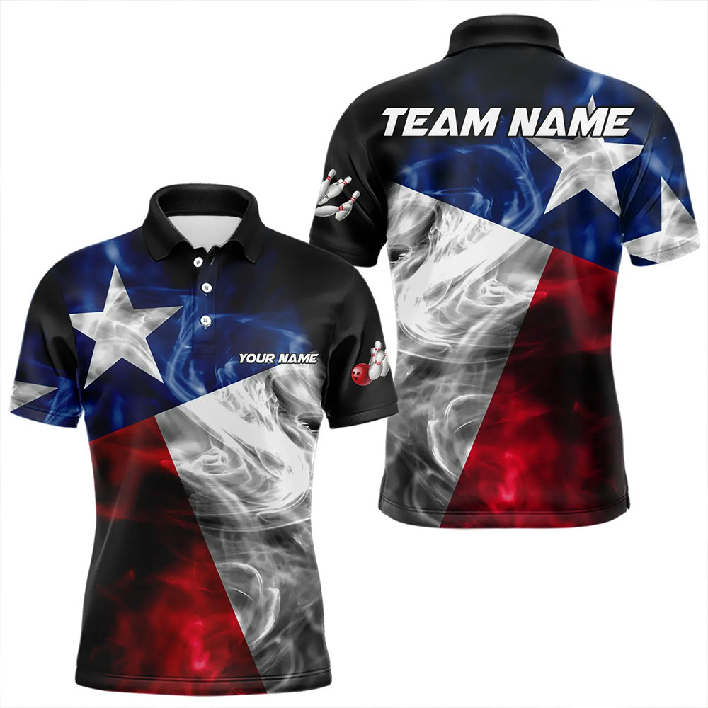 Smoke Texas Flag Black Bowling Polo, Quarter Zip shirt Custom patriotic Team bowling jersey