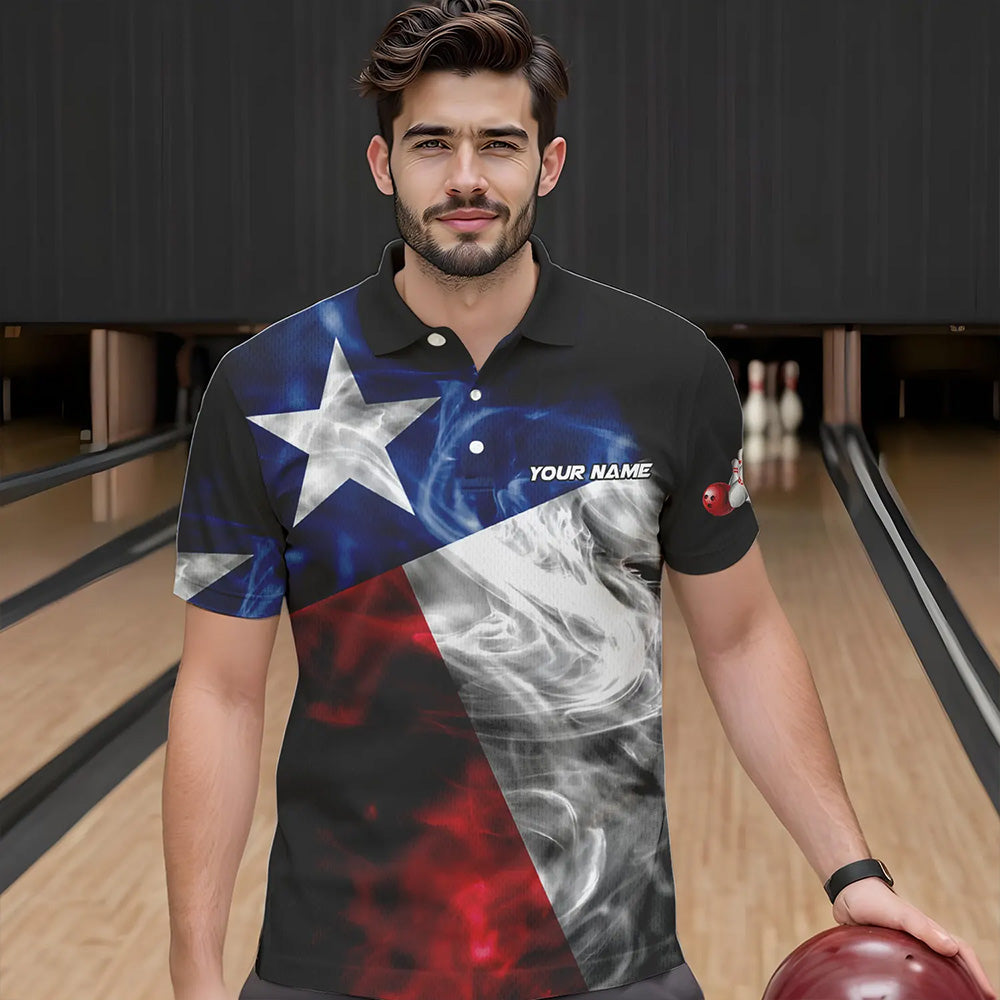 Smoke Texas Flag Black Bowling Polo, Quarter Zip shirt Custom patriotic Team bowling jersey
