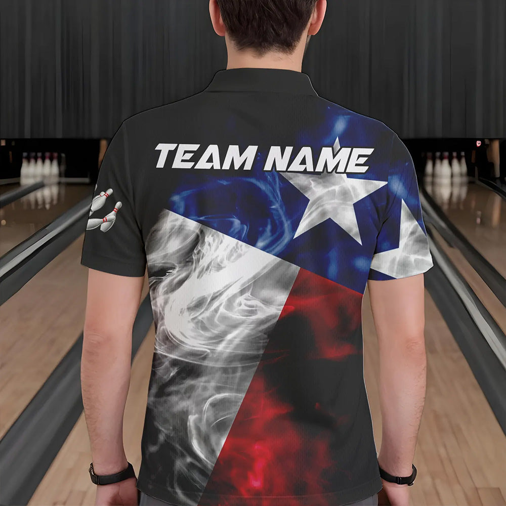 Smoke Texas Flag Black Bowling Polo, Quarter Zip shirt Custom patriotic Team bowling jersey