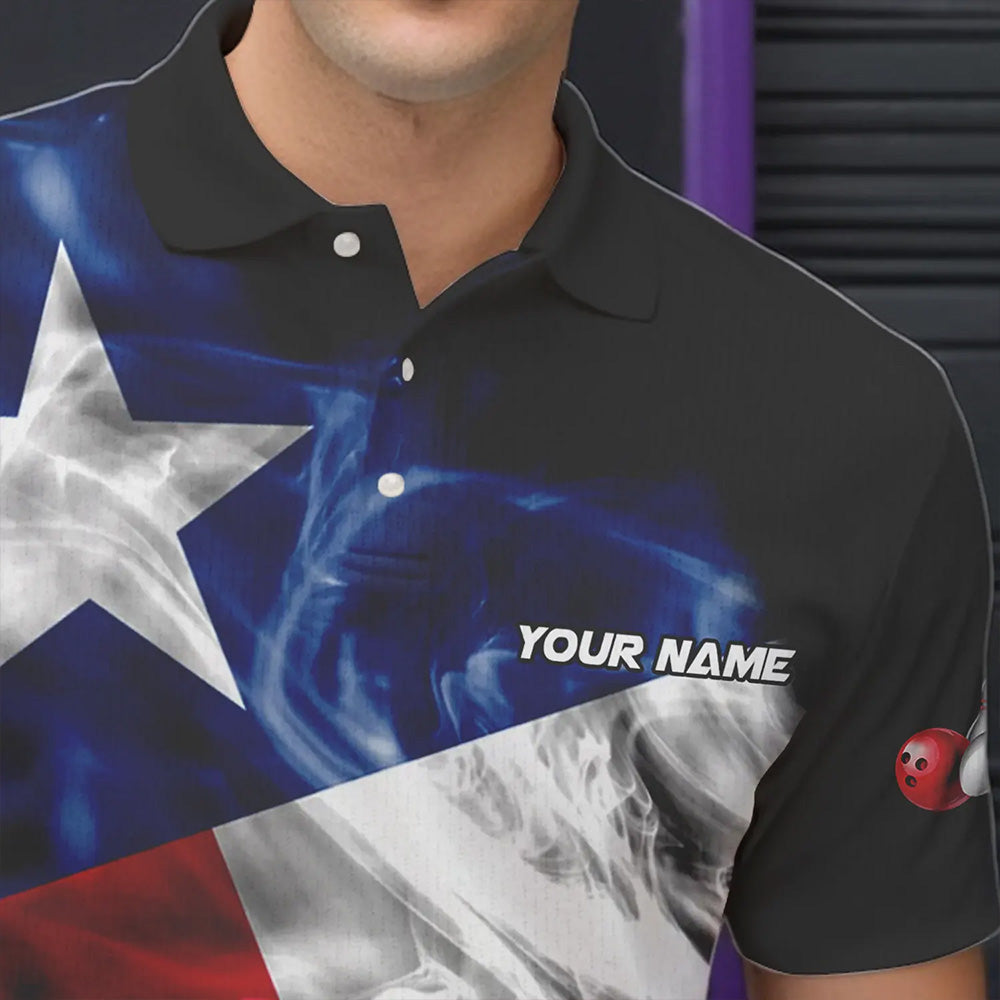 Smoke Texas Flag Black Bowling Polo, Quarter Zip shirt Custom patriotic Team bowling jersey