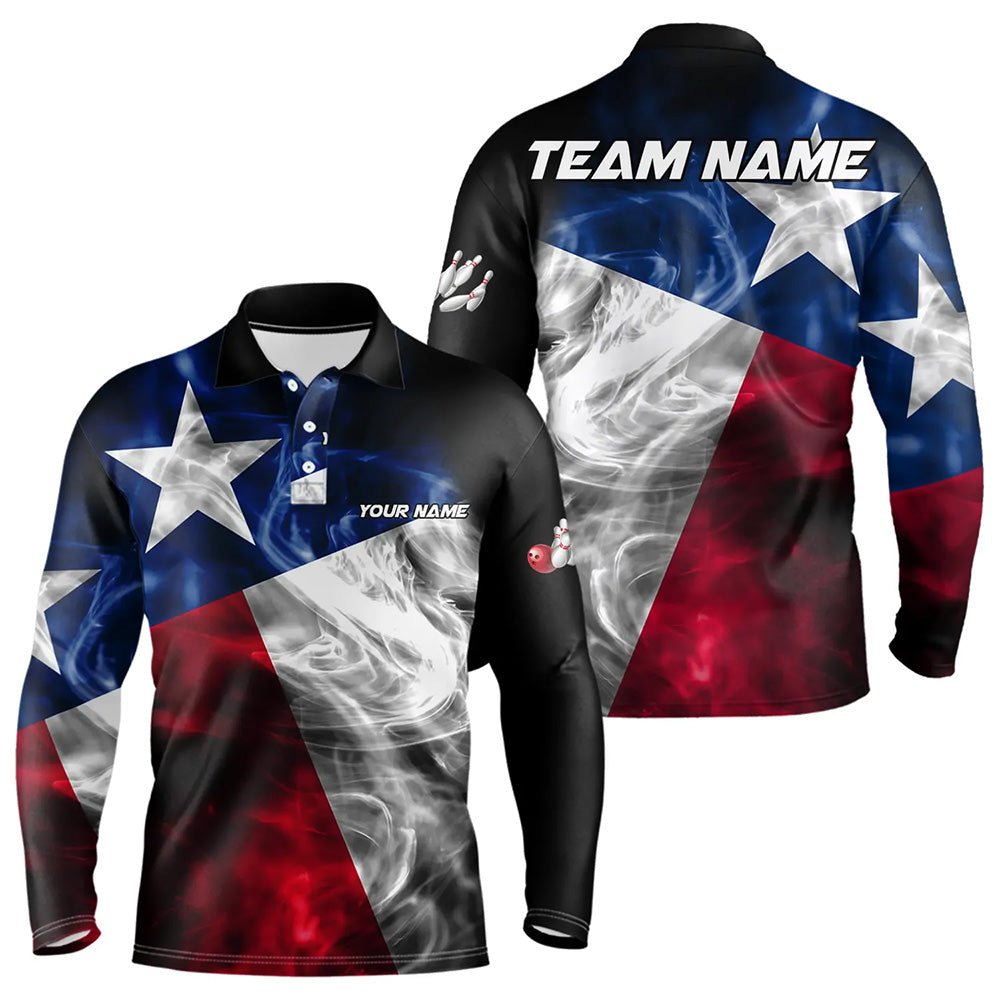 Smoke Texas Flag Black Bowling Polo, Quarter Zip shirt Custom patriotic Team bowling jersey