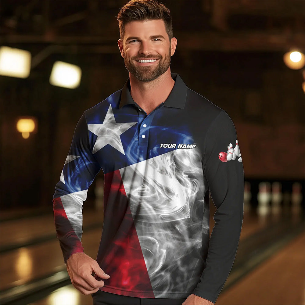 Smoke Texas Flag Black Bowling Polo, Quarter Zip shirt Custom patriotic Team bowling jersey