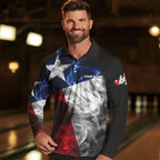 Smoke Texas Flag Black Bowling Polo, Quarter Zip shirt Custom patriotic Team bowling jersey