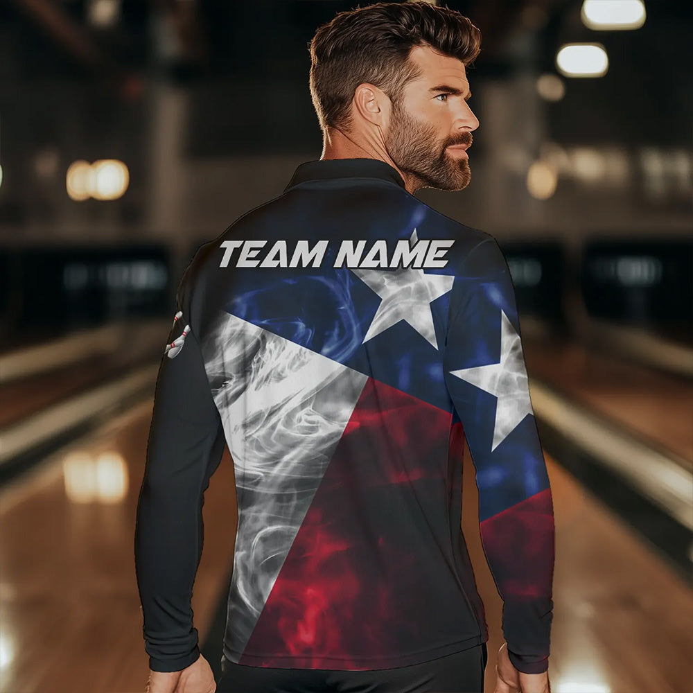 Smoke Texas Flag Black Bowling Polo, Quarter Zip shirt Custom patriotic Team bowling jersey