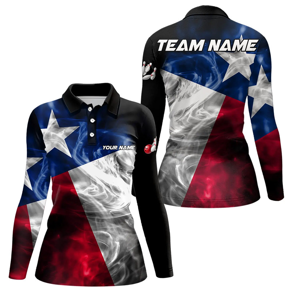 Smoke Texas Flag Black Bowling Polo, Quarter Zip shirt Custom patriotic Team bowling jersey