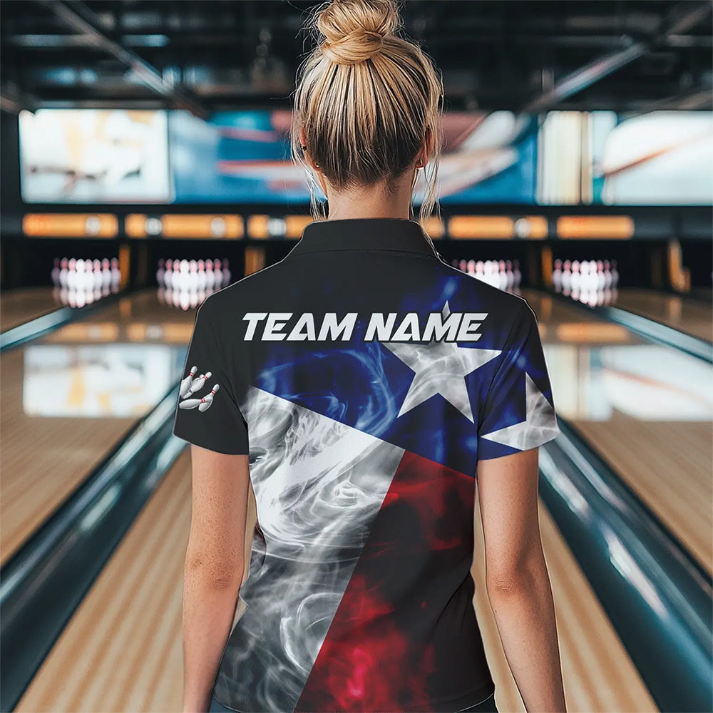 Smoke Texas Flag Black Bowling Polo, Quarter Zip shirt Custom patriotic Team bowling jersey