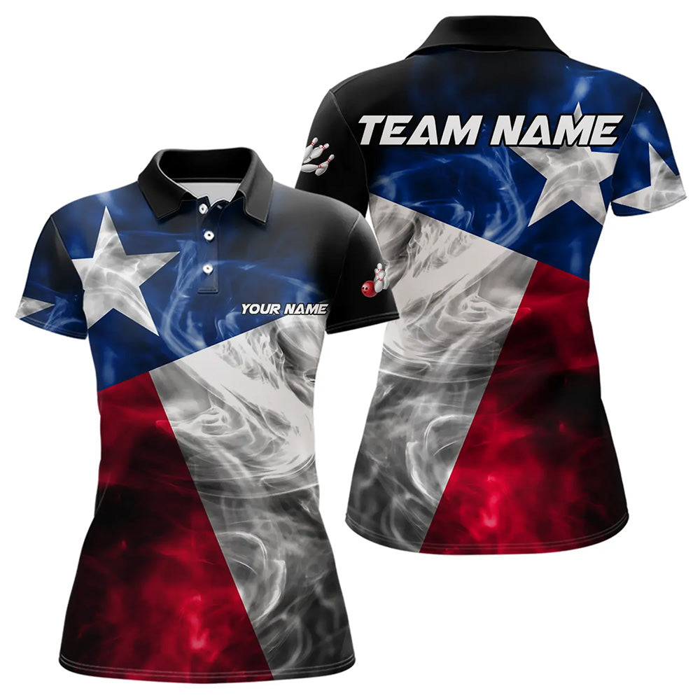 Smoke Texas Flag Black Bowling Polo, Quarter Zip shirt Custom patriotic Team bowling jersey