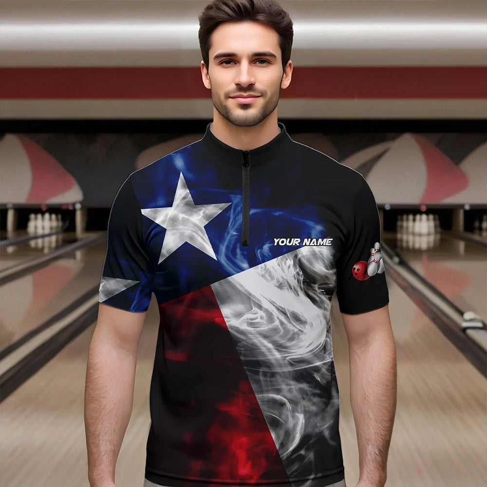 Smoke Texas Flag Black Bowling Polo, Quarter Zip shirt Custom patriotic Team bowling jersey