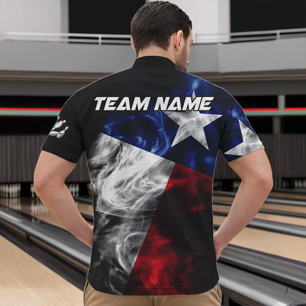 Smoke Texas Flag Black Bowling Polo, Quarter Zip shirt Custom patriotic Team bowling jersey
