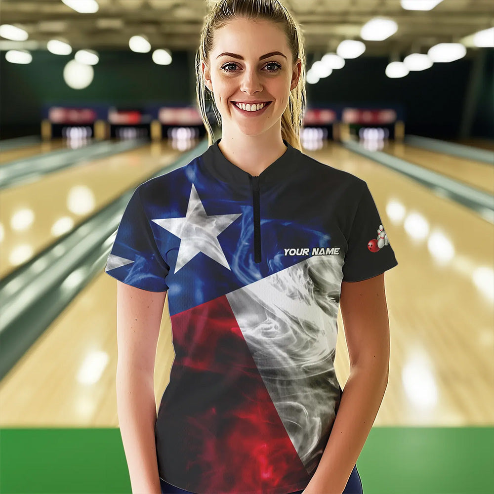 Smoke Texas Flag Black Bowling Polo, Quarter Zip shirt Custom patriotic Team bowling jersey