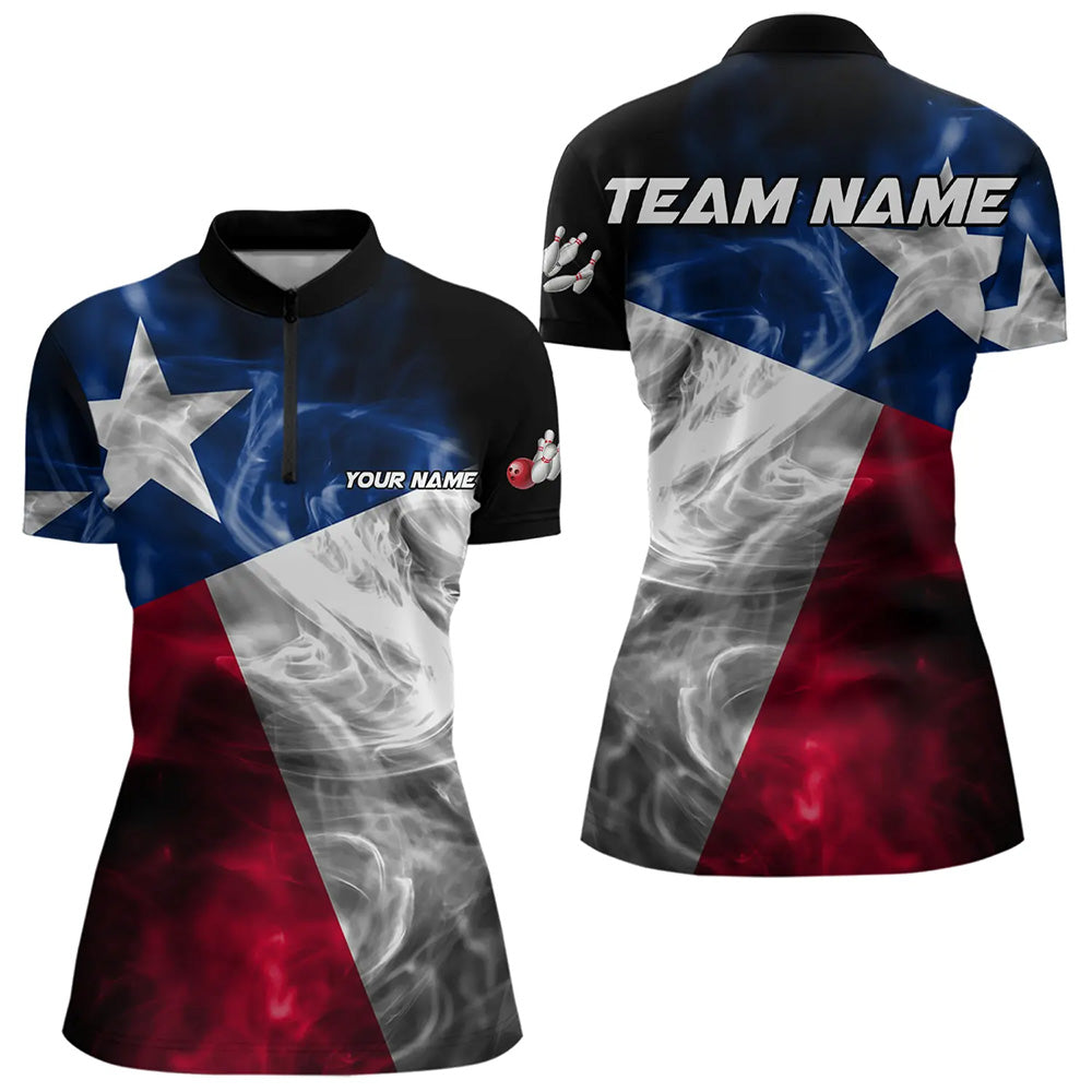 Smoke Texas Flag Black Bowling Polo, Quarter Zip shirt Custom patriotic Team bowling jersey
