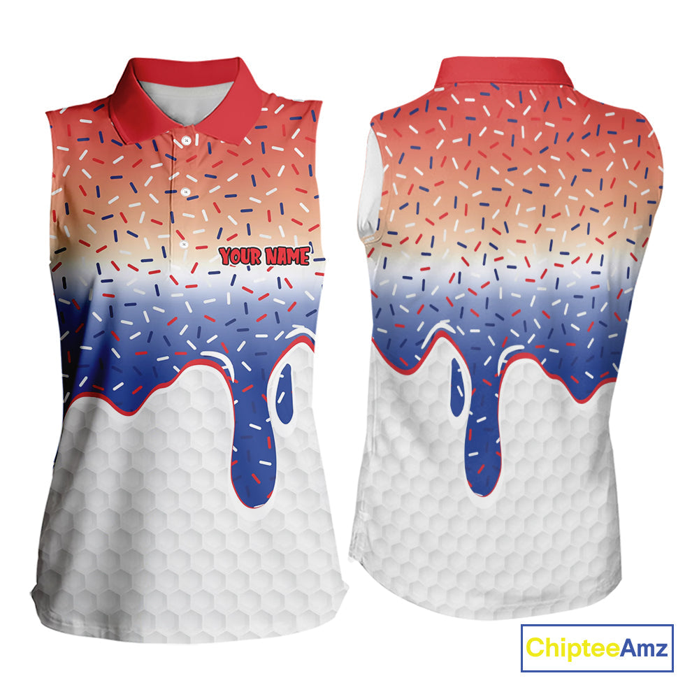 Red, white and blue dripping candy Sleeveless polos shirt Custom funny Golf attire