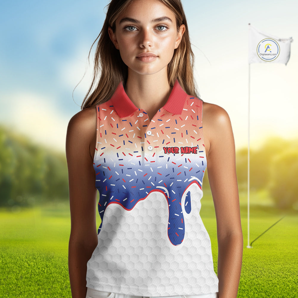 Red, white and blue dripping candy Sleeveless polos shirt Custom funny Golf attire