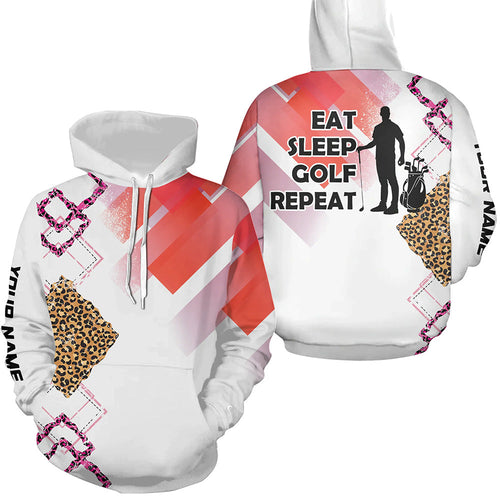 Funny Pink Leopard pattern White golf Hoodies custom Eat sleep golf repeat golf attire