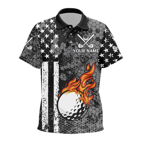 Black and White American Flag Flame Golf Ball Golf Polo Shirts Custom Patriotic Golf Tops