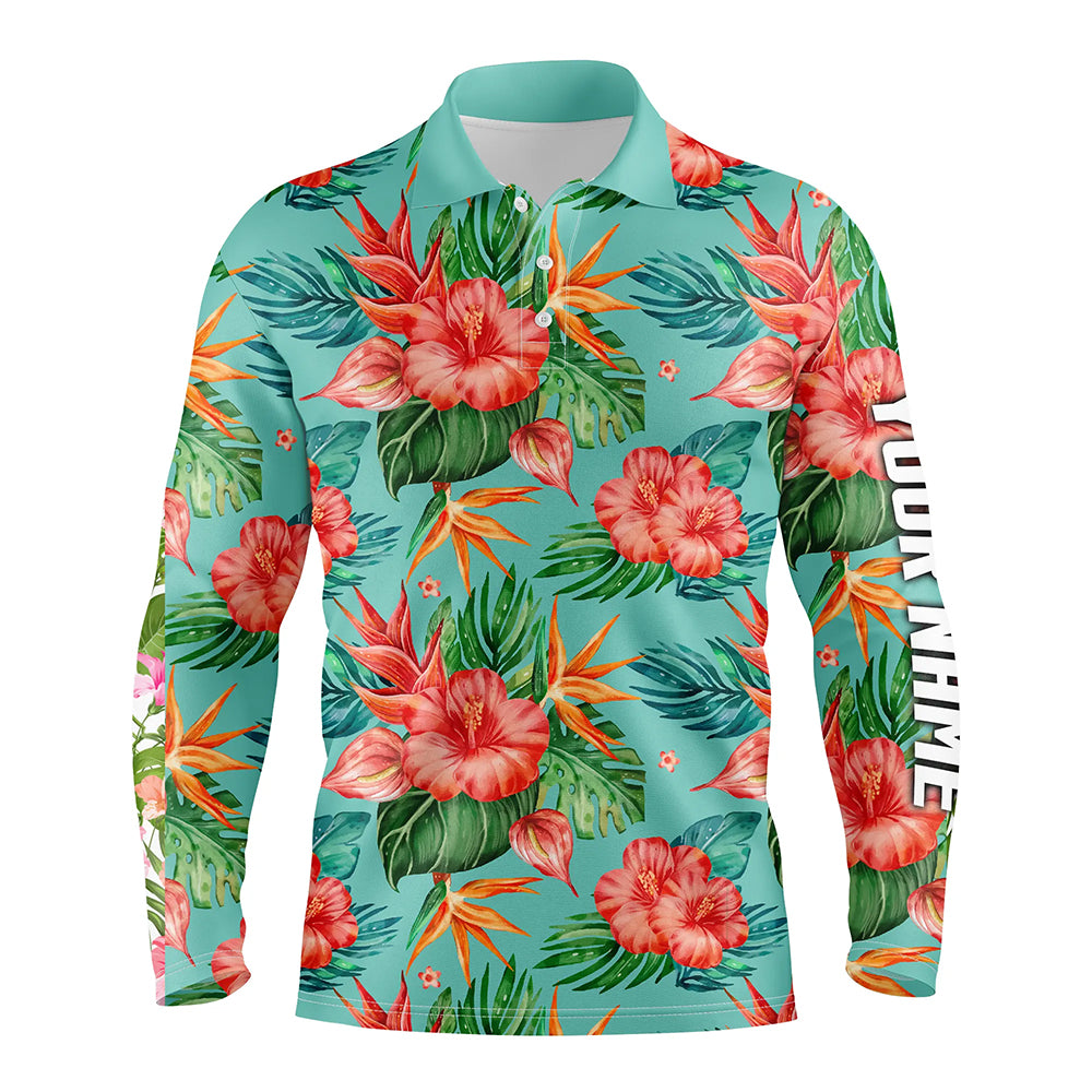 golf polos shirts custom green tropical flower hibiscus pattern golf tops