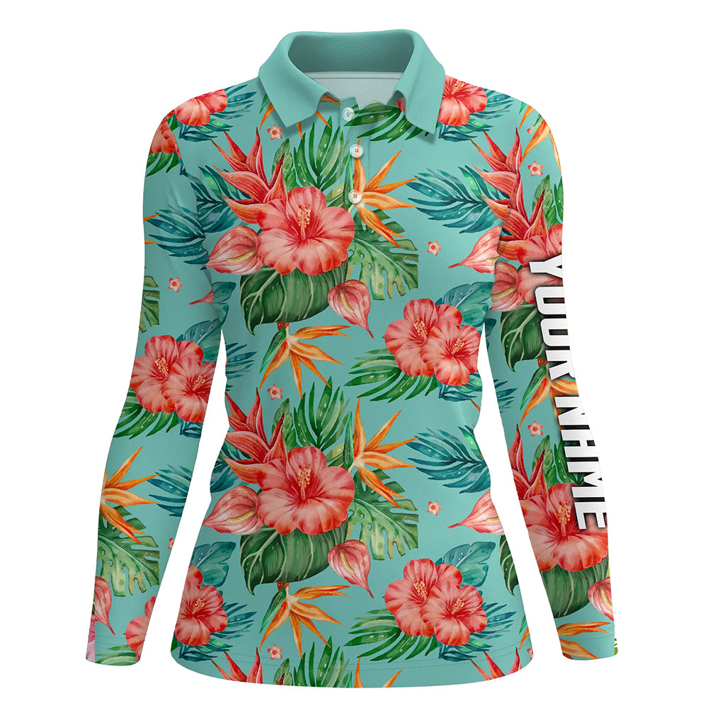 golf polos shirts custom name green tropical flower hibiscus pattern golf tops