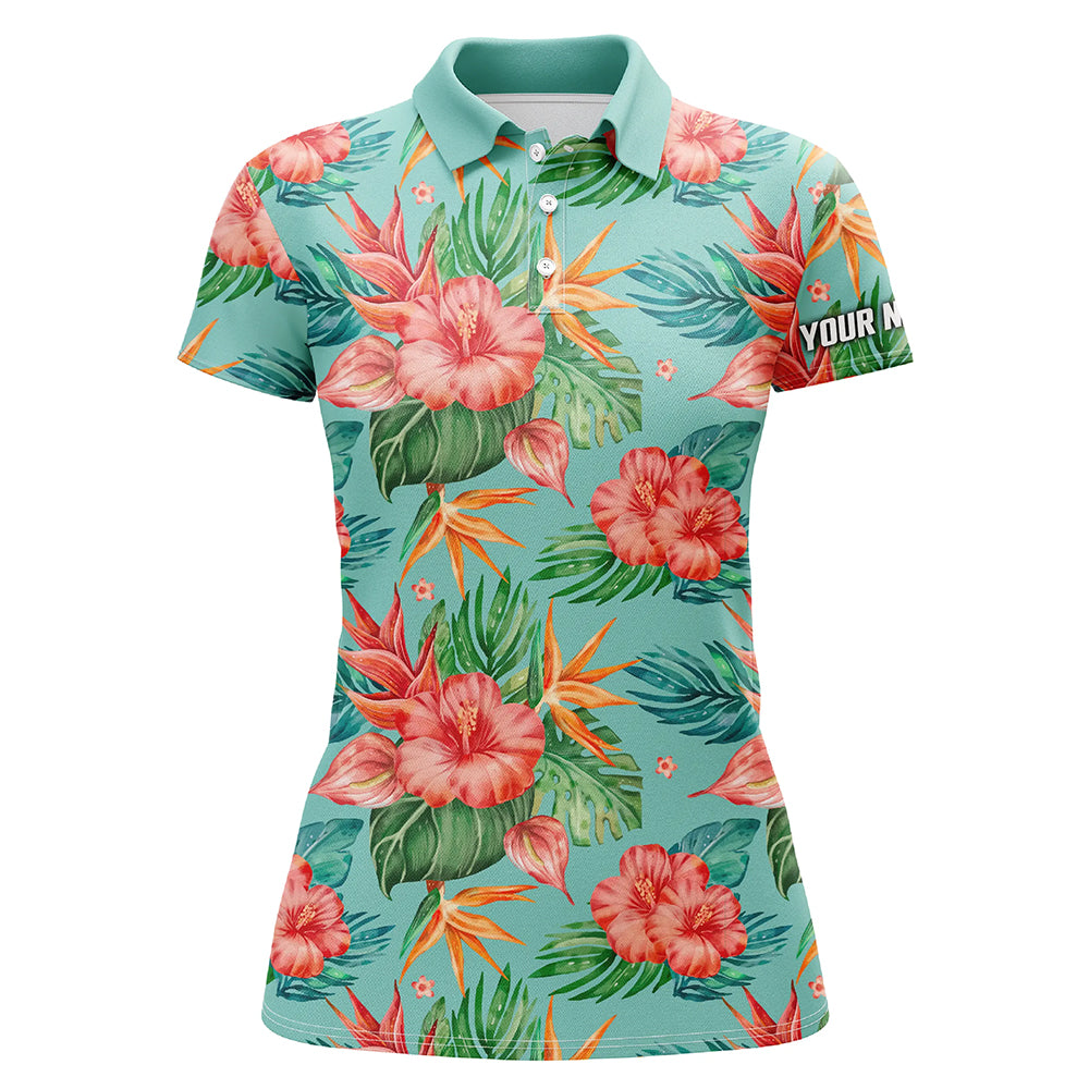 golf polos shirts custom name green tropical flower hibiscus pattern golf tops