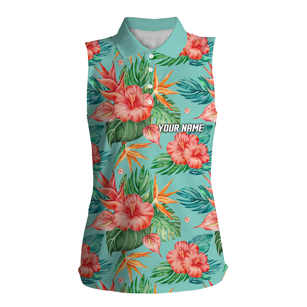sleeveless golf polos shirts custom green tropical flower hibiscus pattern golf tops