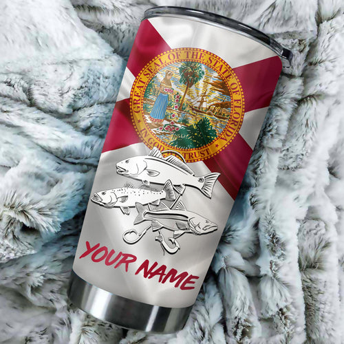 1PC Inshore Slam Snook, Redfish,Trout fishing Florida State Flag Custom name Stainless Steel Fishing Tumbler Cup Persona