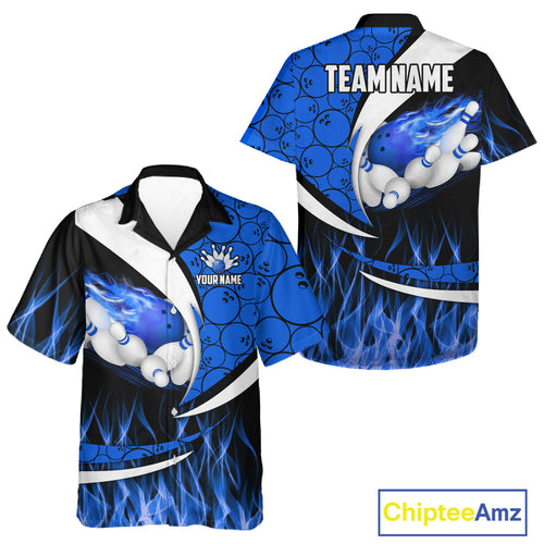 Blue Flame Bowling Camo Bowling Hawaiian Shirts Custom Bowling Team Bowler Jerseys
