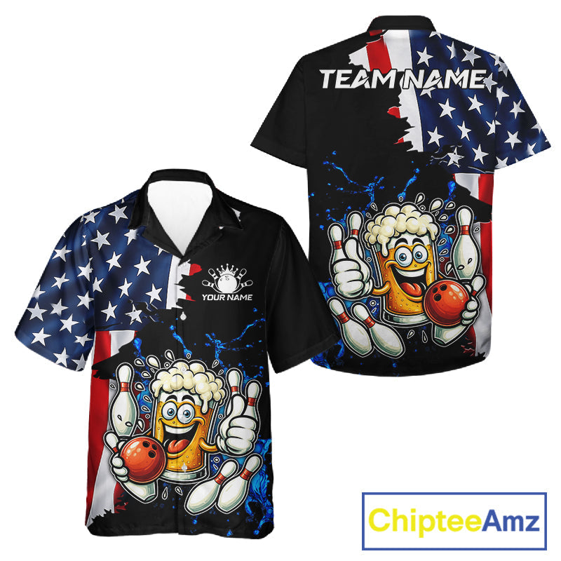 Funny Beer Bowling Hawaiian Shirts Custom US Flag Patriotic Team Bowling Jerseys Uniforms