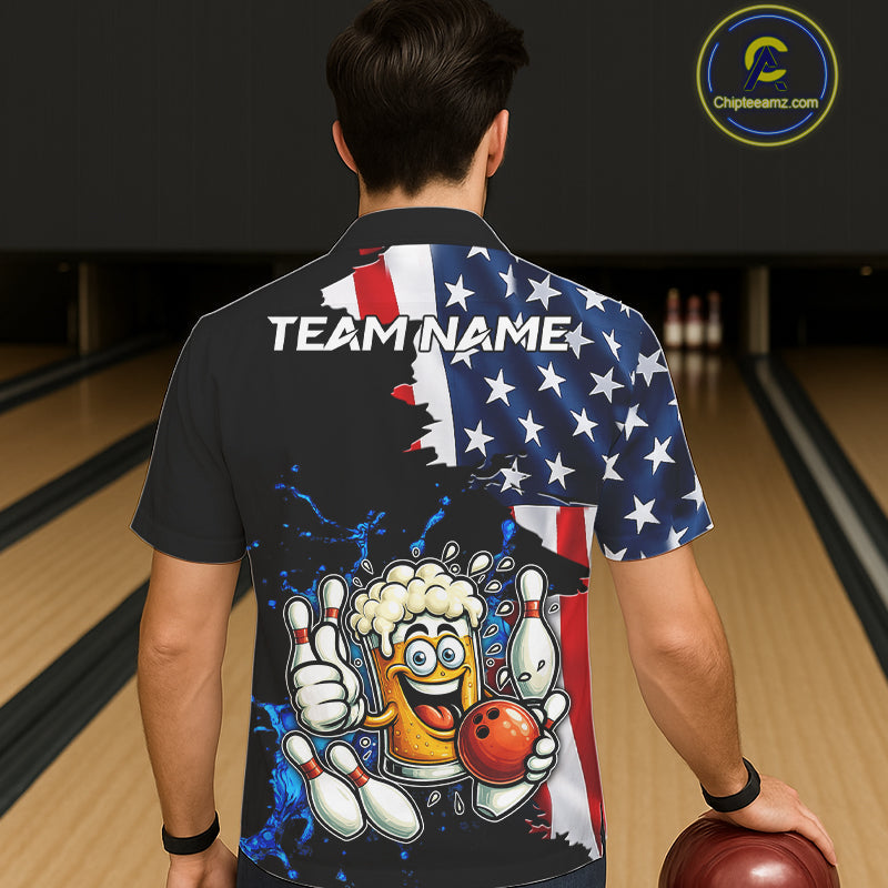 Funny Beer Bowling Hawaiian Shirts Custom US Flag Patriotic Team Bowling Jerseys Uniforms