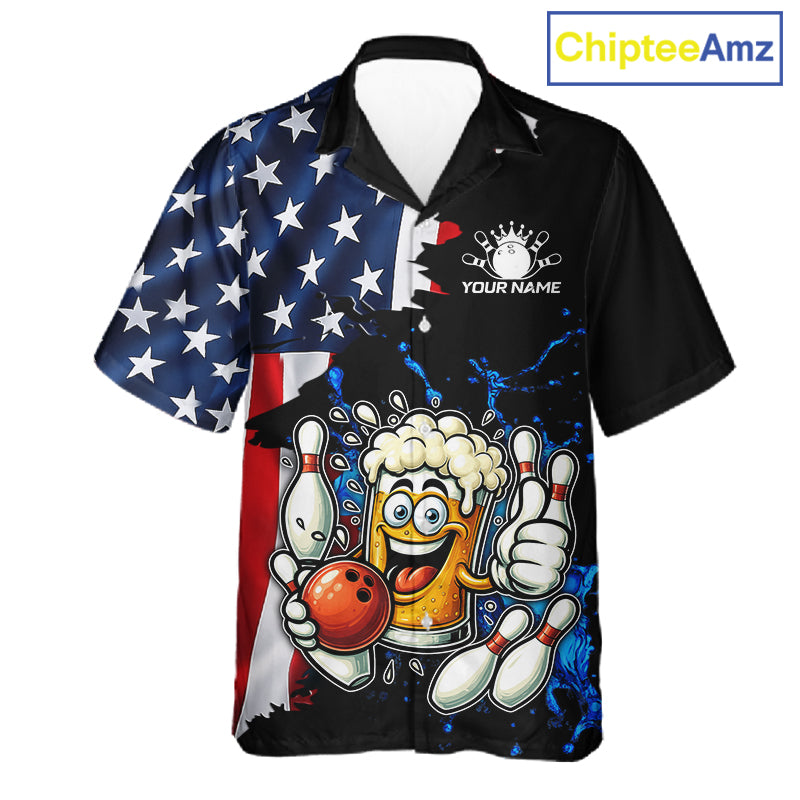 Funny Beer Bowling Hawaiian Shirts Custom US Flag Patriotic Team Bowling Jerseys Uniforms