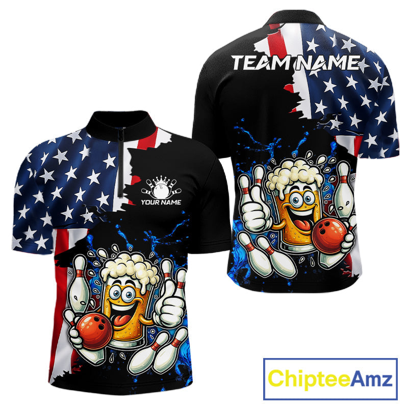 Funny Beer Bowling Shirts Custom US Flag Patriotic Team Bowling Jerseys Uniforms