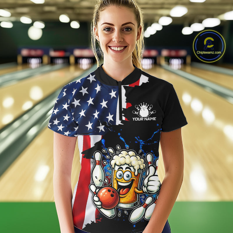 Funny Beer Bowling Shirts Custom US Flag Patriotic Team Bowling Jerseys Uniforms