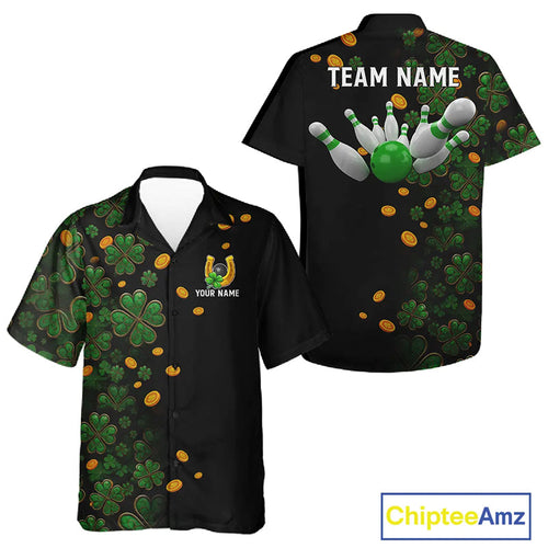 Personalized Green Clover St Patrick's Day pattern Bowling Hawaiian Shirts, Team Bowling Outfit