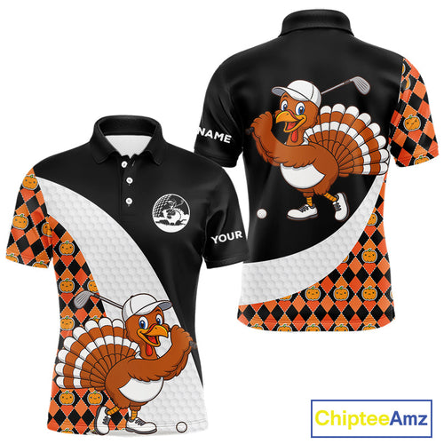 Golf Turkey Thanksgiving Polo Shirt Orange Pumpkin argyle pattern Custom Golf outfit