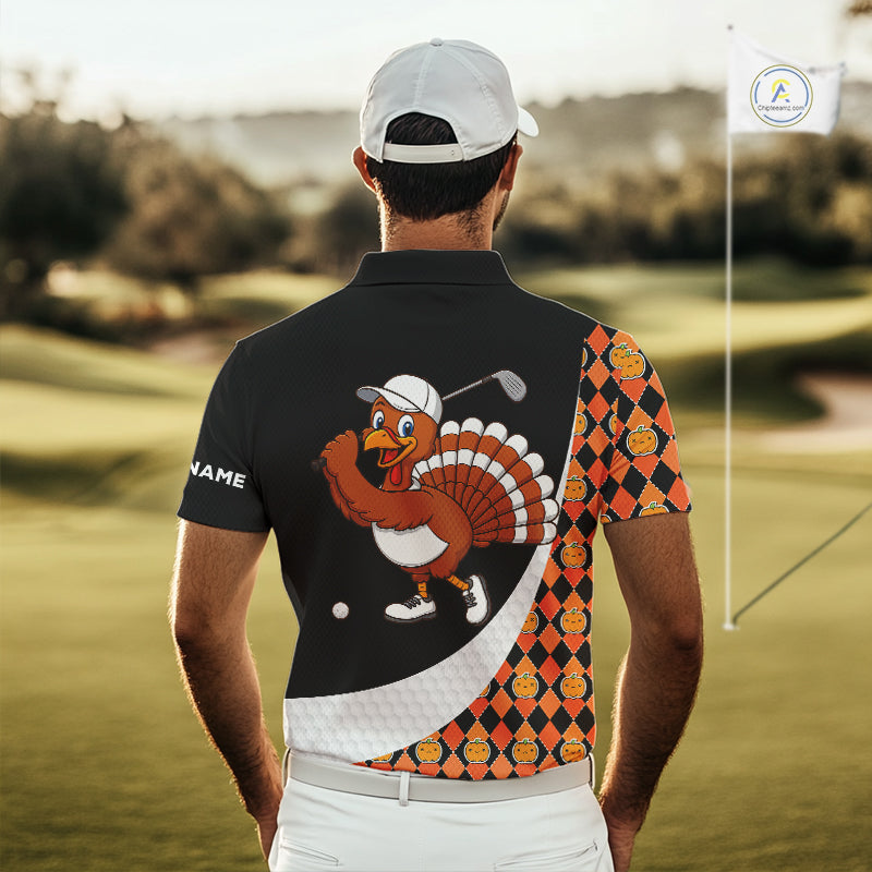 Golf Turkey Thanksgiving Polo Shirt Orange Pumpkin argyle pattern Custom Golf outfit