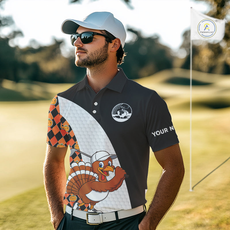 Golf Turkey Thanksgiving Polo Shirt Orange Pumpkin argyle pattern Custom Golf outfit