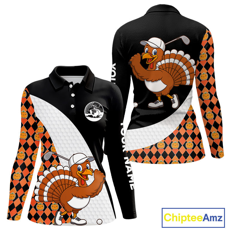 Golf Turkey Thanksgiving Polo Shirt Orange Pumpkin argyle pattern Custom Golf outfit